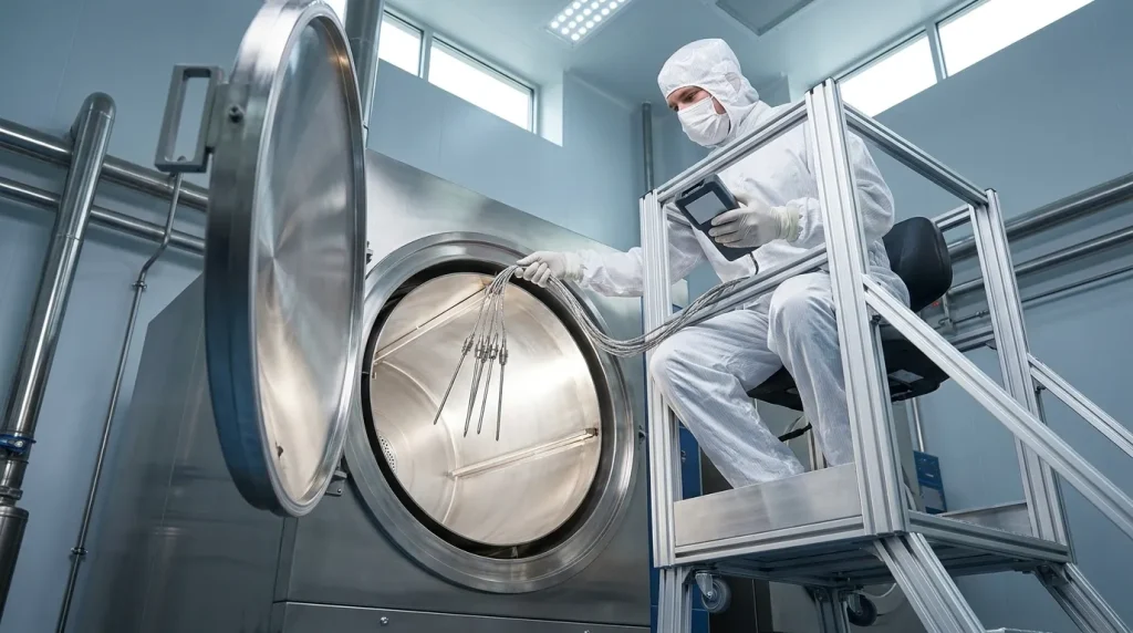 Cleanroom technician conducting operational qualification and temperature mapping tests inside an industrial dryer chamber.