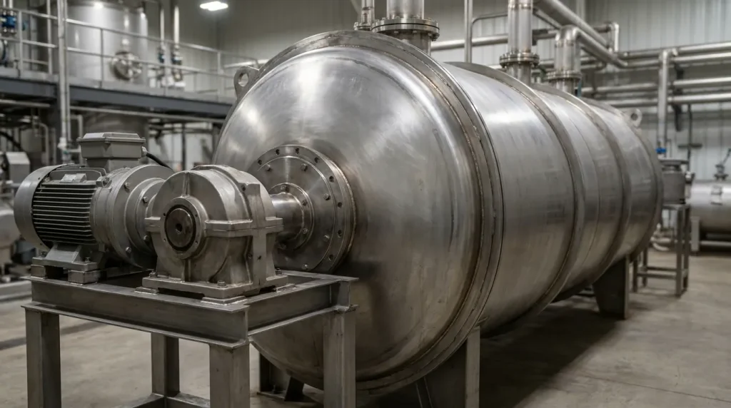 Industrial paddle vacuum dryer with motor-driven mechanical agitation system and stainless steel drying chamber.