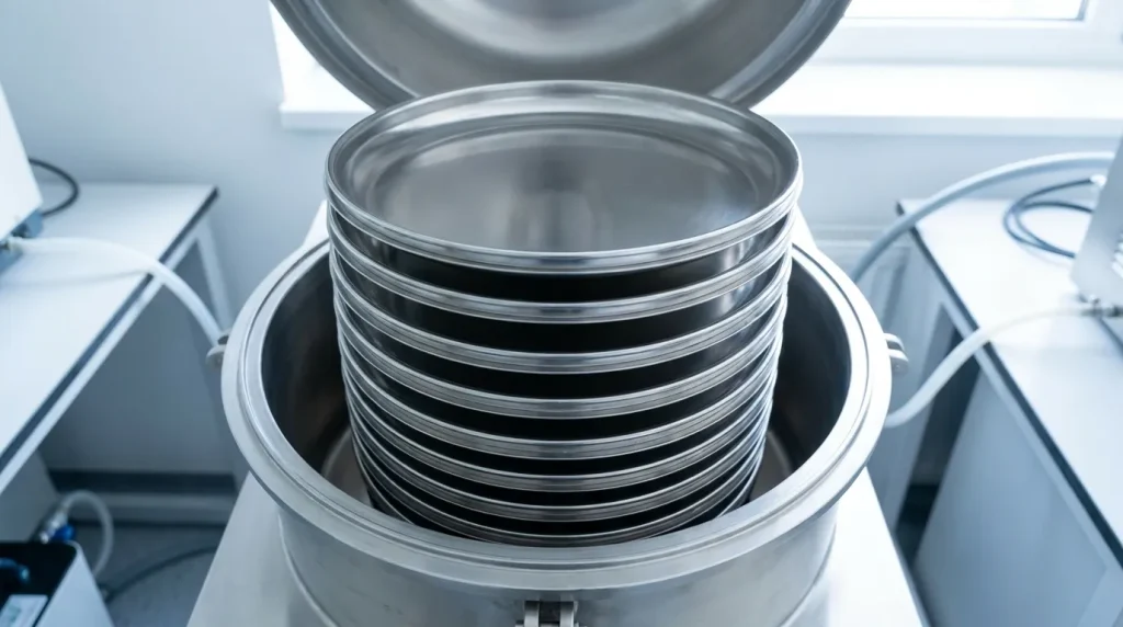Stacked stainless steel drying pans arranged inside an open industrial vacuum drying chamber.