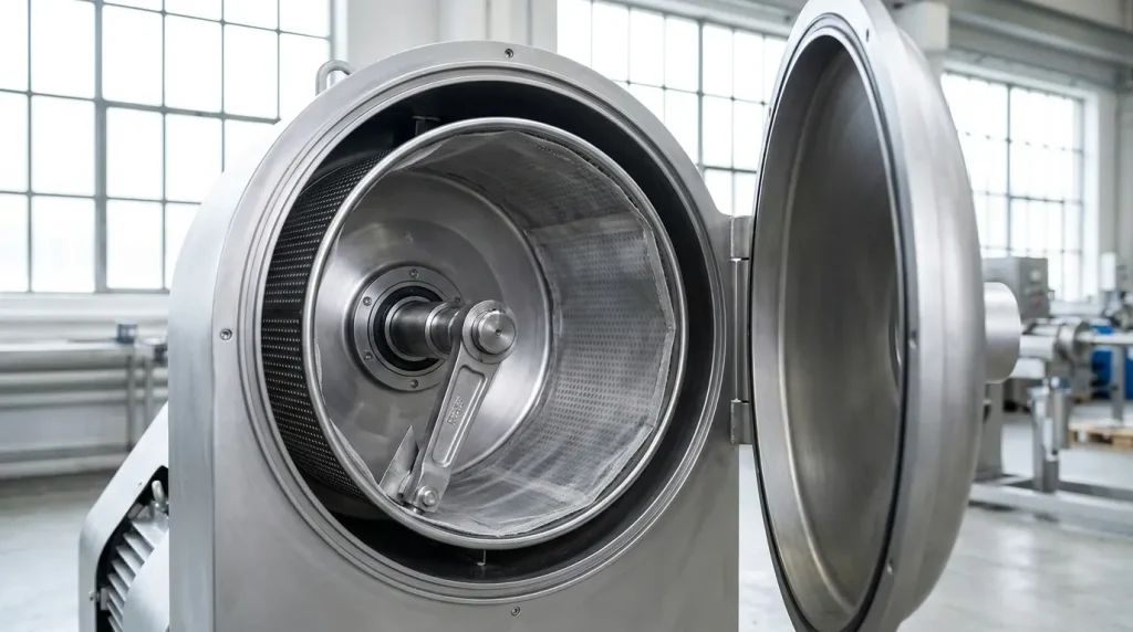 Open horizontal peeler centrifuge showing the perforated basket and mechanical peeling knife assembly.