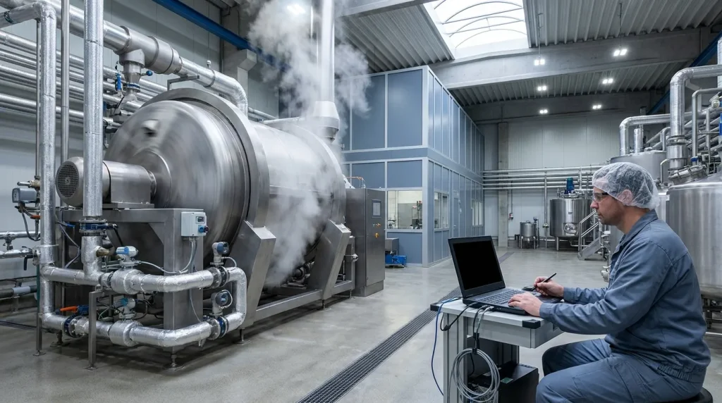 Technician monitoring dryer performance qualification testing with process data and instrumentation during operation.