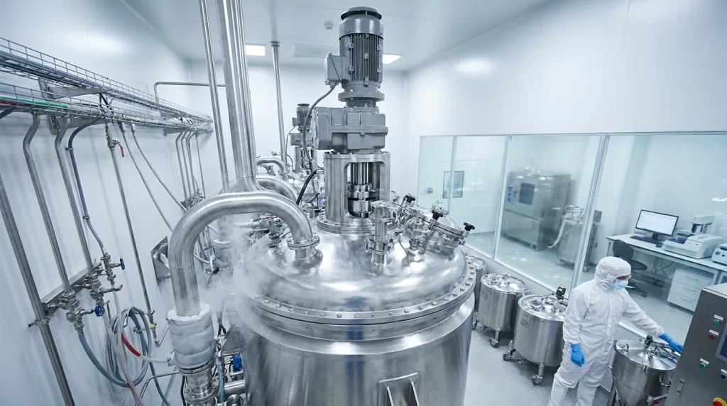 Large stainless steel pharmaceutical reactor undergoing performance qualification in a clean manufacturing facility.