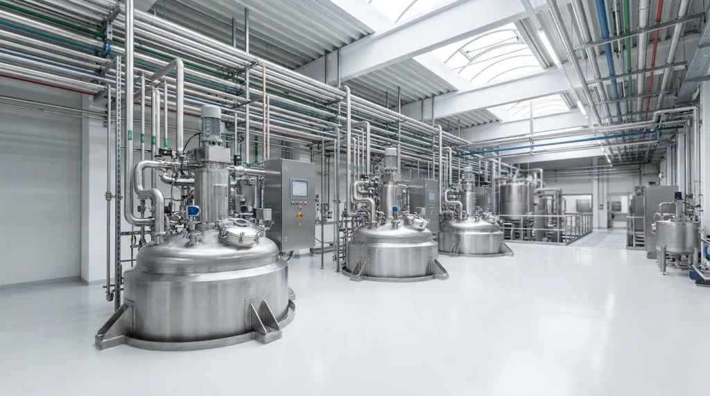 Multiple stainless steel batch reactors installed in a pharmaceutical manufacturing facility during commissioning.