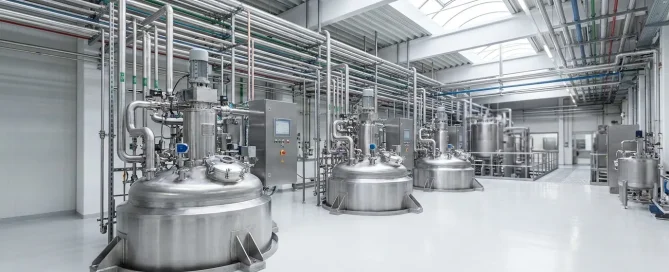 Multiple stainless steel batch reactors installed in a pharmaceutical manufacturing facility during commissioning.