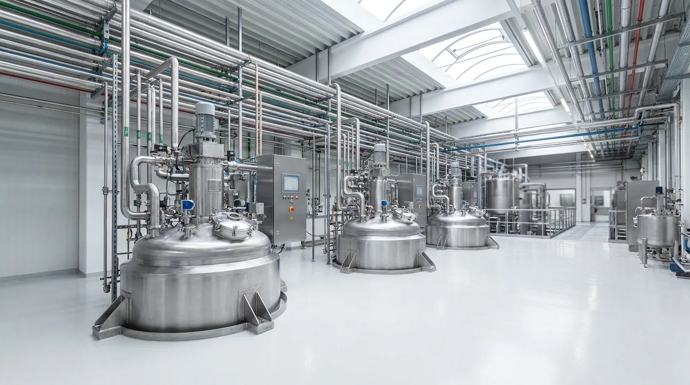 Multiple stainless steel batch reactors installed in a pharmaceutical manufacturing facility during commissioning.