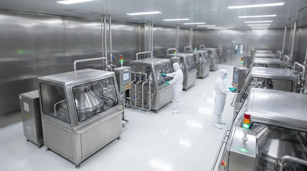 Pharmaceutical cleanroom production line with enclosed stainless steel centrifuge systems and operators monitoring equipment.