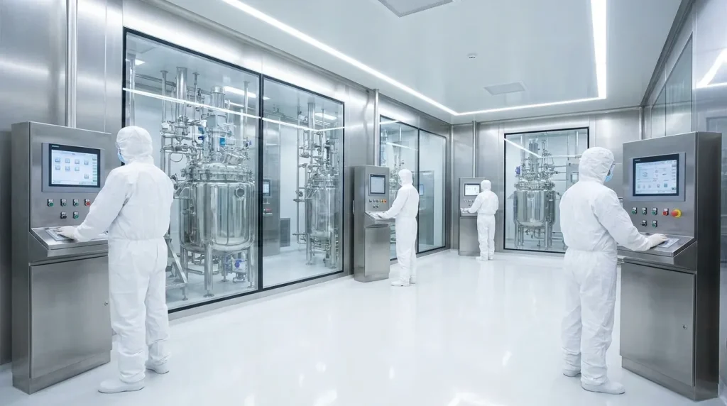Quality inspectors evaluating a used glass-lined reactor vessel with handheld testing equipment.