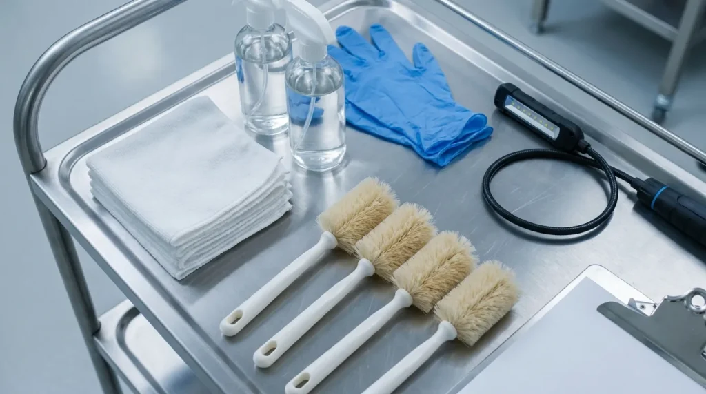 Pharmaceutical cleaning tools, gloves, brushes, wipes, inspection light, and cleaning solutions prepared on a stainless steel cart.