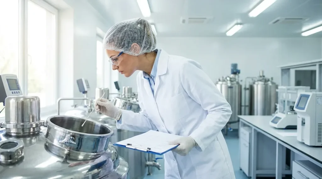 Quality control technician performing pharmaceutical cleaning validation on stainless steel processing equipment.