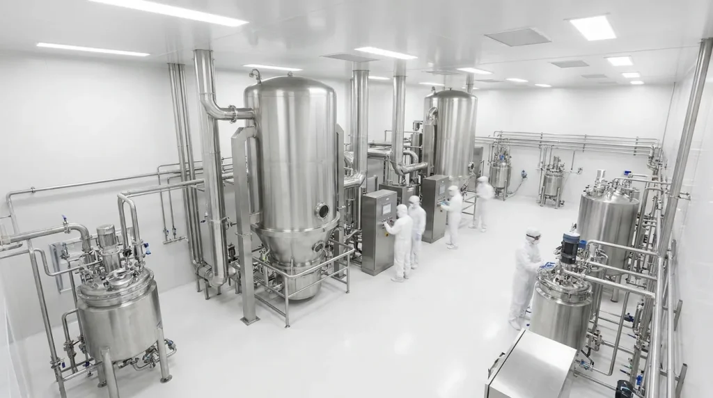 Pharmaceutical cleanroom production facility with stainless steel fluid bed dryers, processing vessels, and technicians in protective clothing.