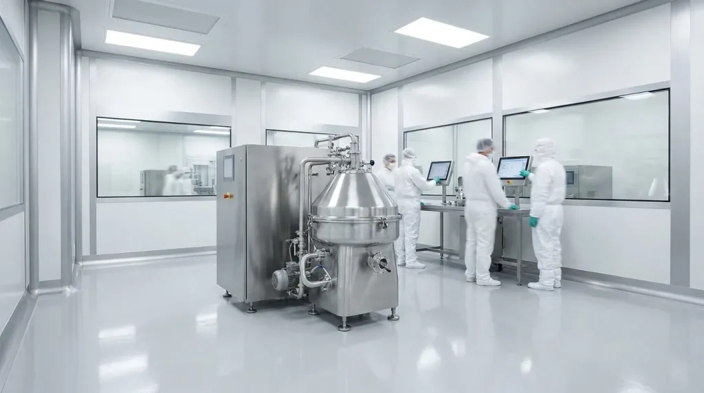 Industrial centrifuge installed in a pharmaceutical cleanroom with technicians operating process control systems.