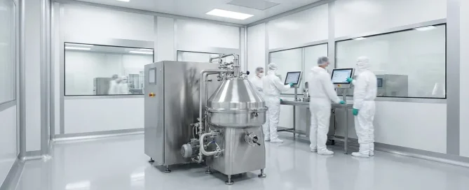 Industrial centrifuge installed in a pharmaceutical cleanroom with technicians operating process control systems.