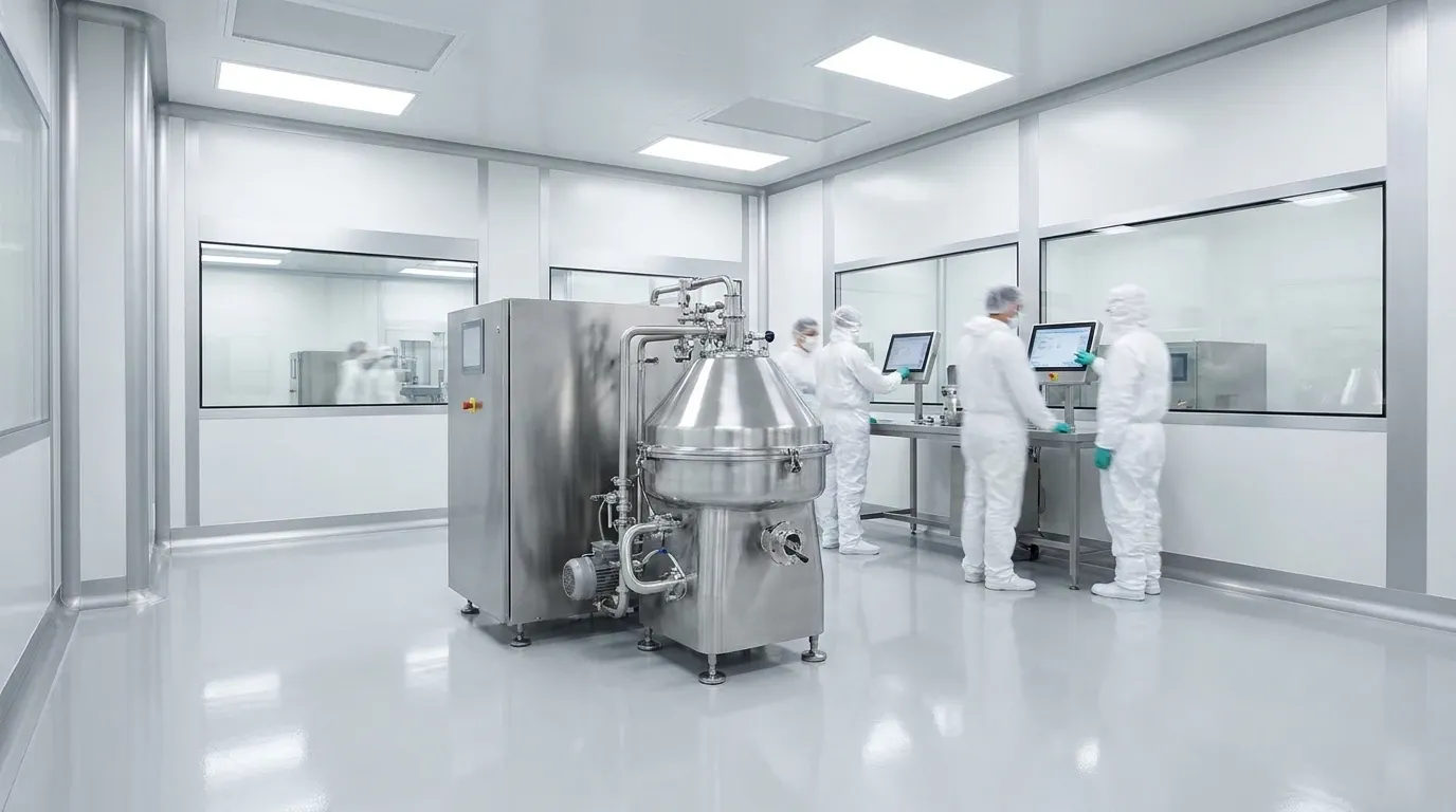 Industrial centrifuge installed in a pharmaceutical cleanroom with technicians operating process control systems.