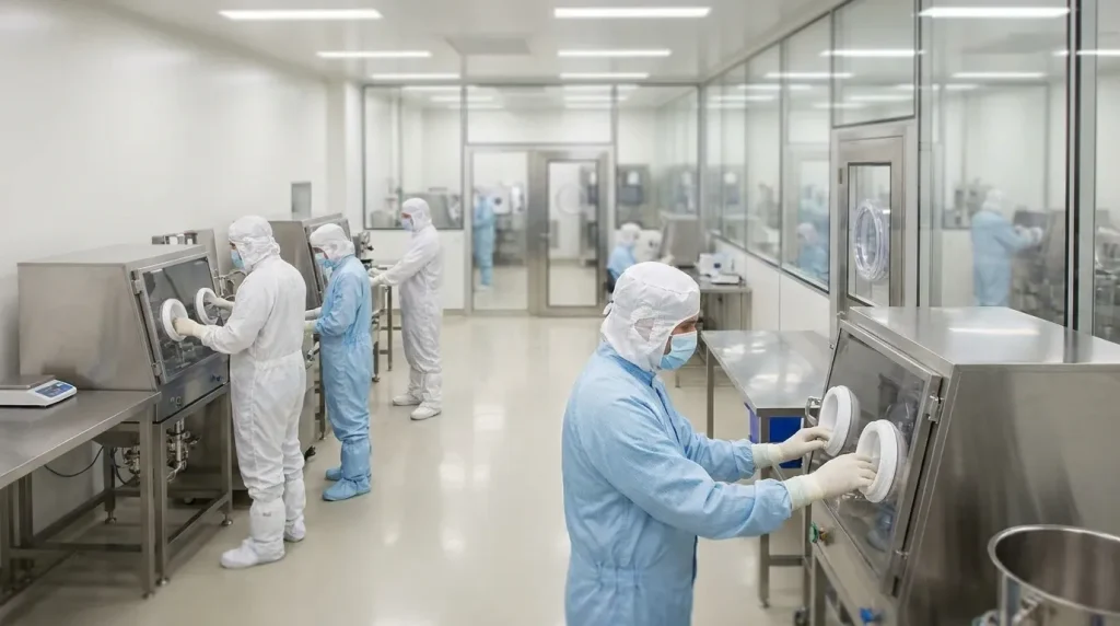 Pharmaceutical cleanroom with operators using contained processing equipment and glovebox systems for controlled manufacturing.