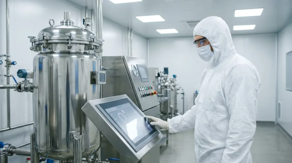 Cleanroom technician monitoring a stainless steel pressure leaf filter system using a digital control panel in a pharmaceutical facility.