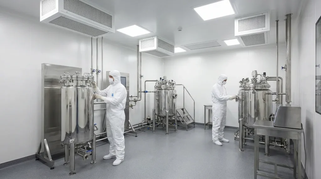 Technicians operating stainless steel filtration and processing equipment inside a pharmaceutical cleanroom.