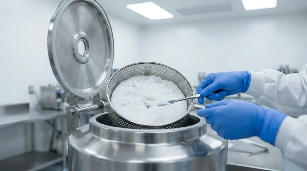 Pharmaceutical basket centrifuge used for crystal recovery with a technician handling separated product.