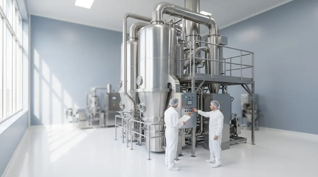 Technicians commissioning a large pharmaceutical dryer system in a clean industrial processing facility.