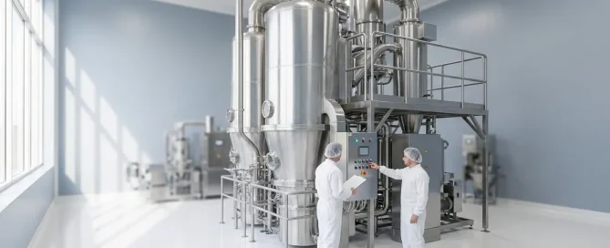 Technicians commissioning a large pharmaceutical dryer system in a clean industrial processing facility.