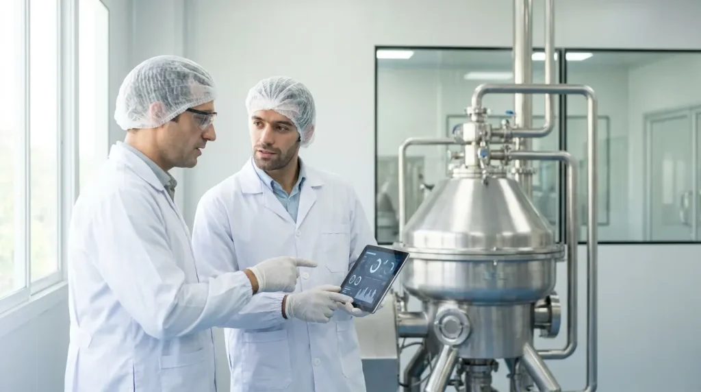 Pharmaceutical engineers reviewing centrifuge performance data and equipment validation documentation on a tablet.