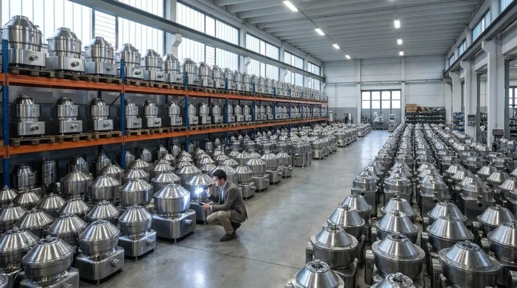 Warehouse filled with industrial centrifuges undergoing pharmaceutical equipment inventory and quality inspection.