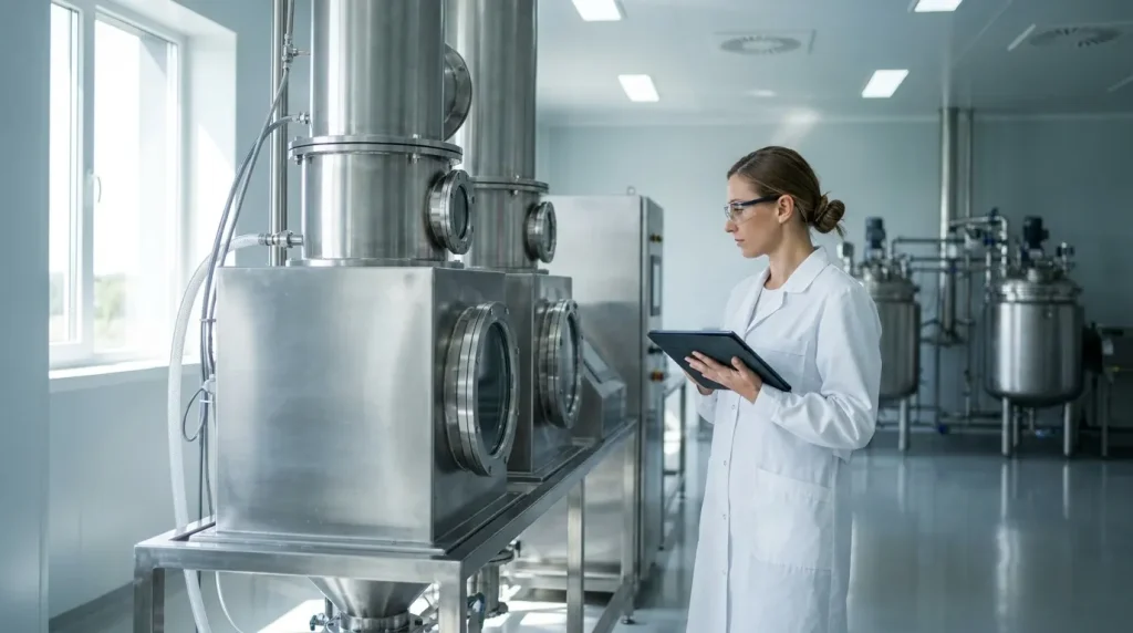 Pharmaceutical cleanroom with stainless steel evaporator equipment and a technician monitoring operations.