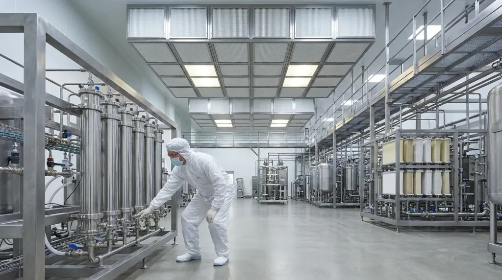 Pharmaceutical cleanroom with multiple filtration systems and stainless steel processing equipment.