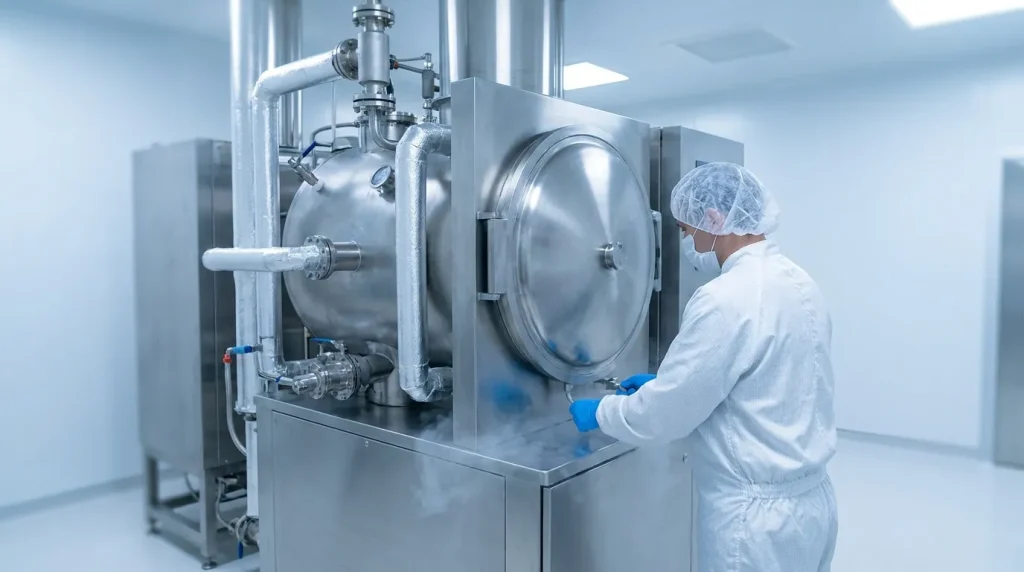 Cleanroom technician operating a stainless steel pharmaceutical freeze dryer in a controlled production environment.