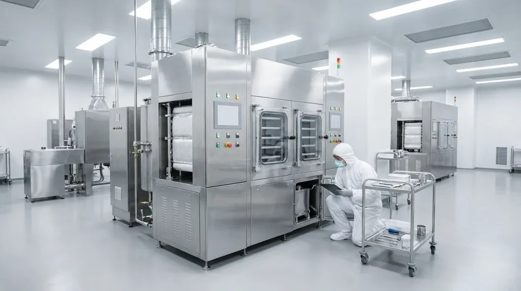 Cleanroom technician performing scheduled maintenance on a pharmaceutical freeze dryer in a sterile processing facility.