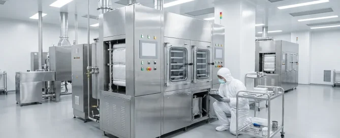 Cleanroom technician performing scheduled maintenance on a pharmaceutical freeze dryer in a sterile processing facility.