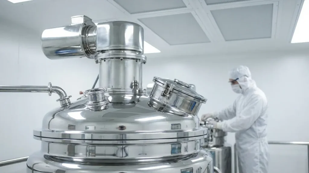 Pharmaceutical-grade stainless steel mixer operating in a cleanroom processing environment.
