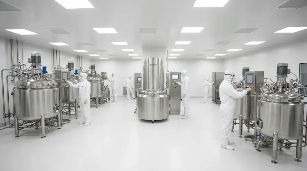 Pharmaceutical manufacturing cleanroom with stainless steel centrifuges, mixing vessels, and technicians in protective clothing.