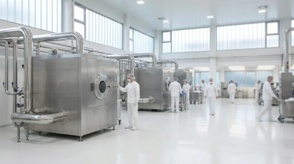 Pharmaceutical manufacturing facility with stainless steel industrial dryers and cleanroom production staff.