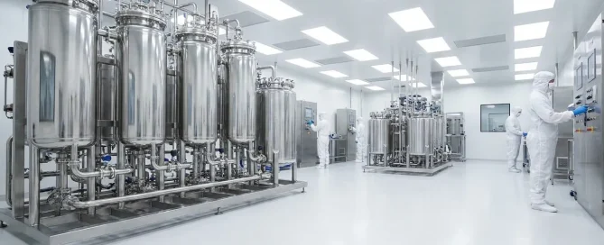 Pharmaceutical manufacturing facility with stainless steel Nutsche filter systems and cleanroom operators.