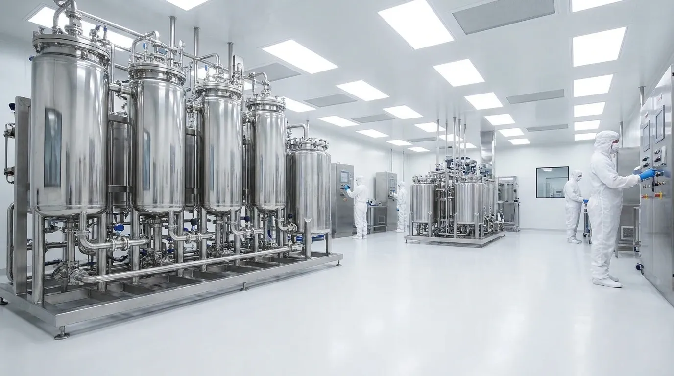 Pharmaceutical manufacturing facility with stainless steel Nutsche filter systems and cleanroom operators.