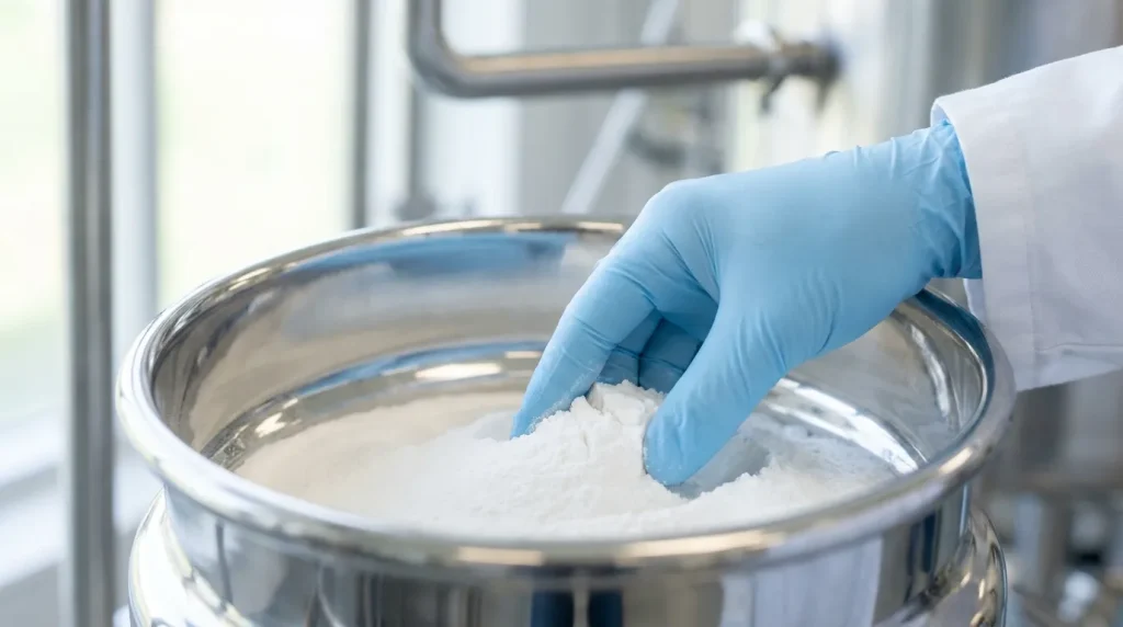 Gloved technician handling pharmaceutical powder during collection and heat-sensitive material processing.