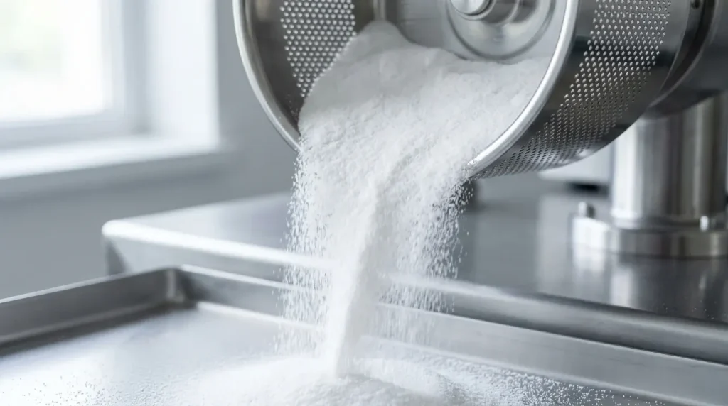 White pharmaceutical powder discharging from a perforated centrifuge basket during heel-free product recovery.