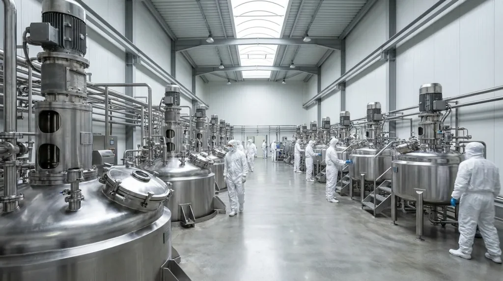 Pharmaceutical production floor with multiple stainless steel agitated Nutsche filter dryer vessels and cleanroom operators.