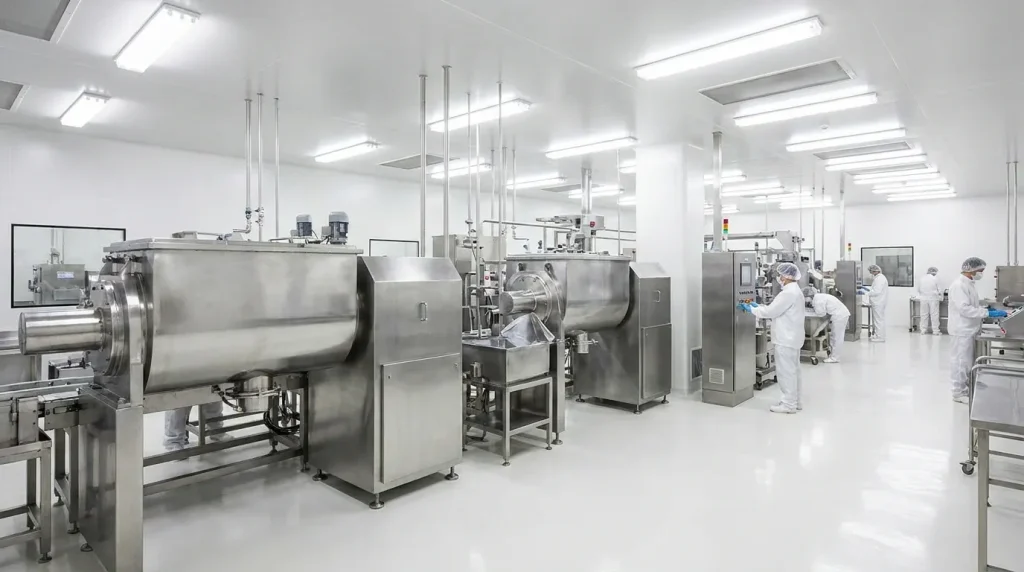 Pharmaceutical production line with stainless steel ribbon blenders and processing equipment in a cleanroom.
