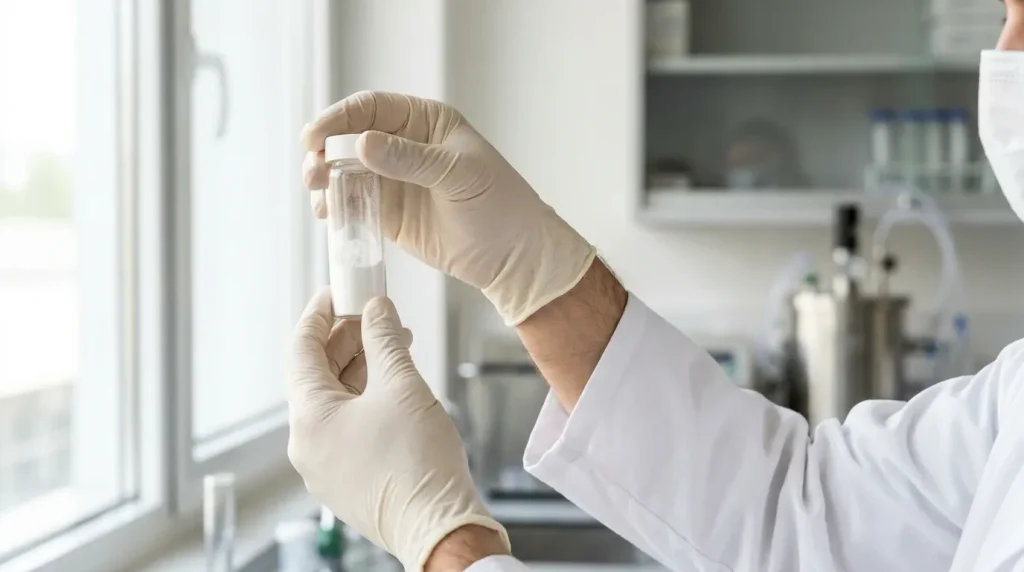 Pharmaceutical scientist inspecting a white powder particle sample in a laboratory for product quality testing.