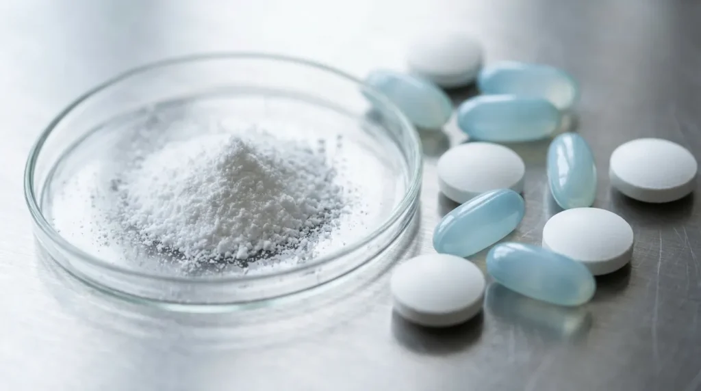 Pharmaceutical powder, white tablets, and blue capsules displayed on a stainless steel laboratory surface.