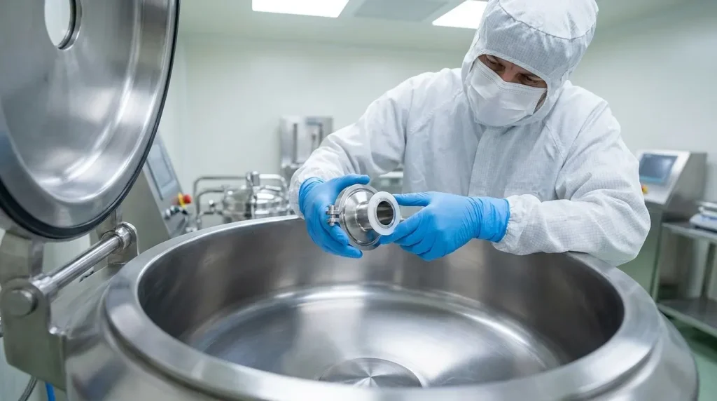 Pharmaceutical technician inspecting a sanitary stainless steel centrifuge component inside a clean processing area.