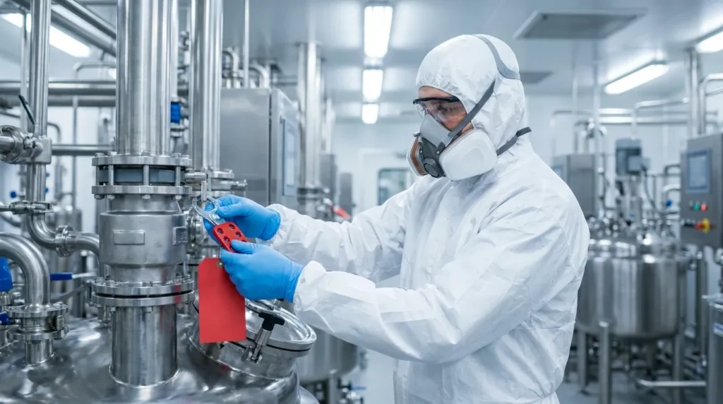 Pharmaceutical technician applying a lockout tagout device to process equipment before maintenance or cleaning.