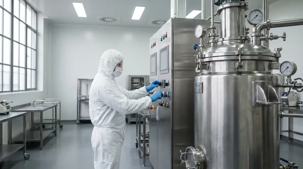 Pharmaceutical technician operating the control panel of an agitated Nutsche filter dryer during a filtration process.