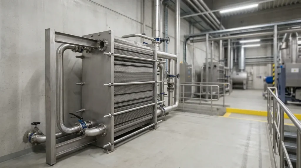 Operational industrial plate heat exchanger connected to stainless steel piping and flow lines.