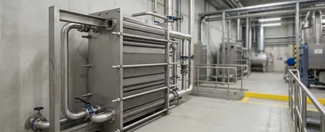 Operational industrial plate heat exchanger connected to stainless steel piping and flow lines.