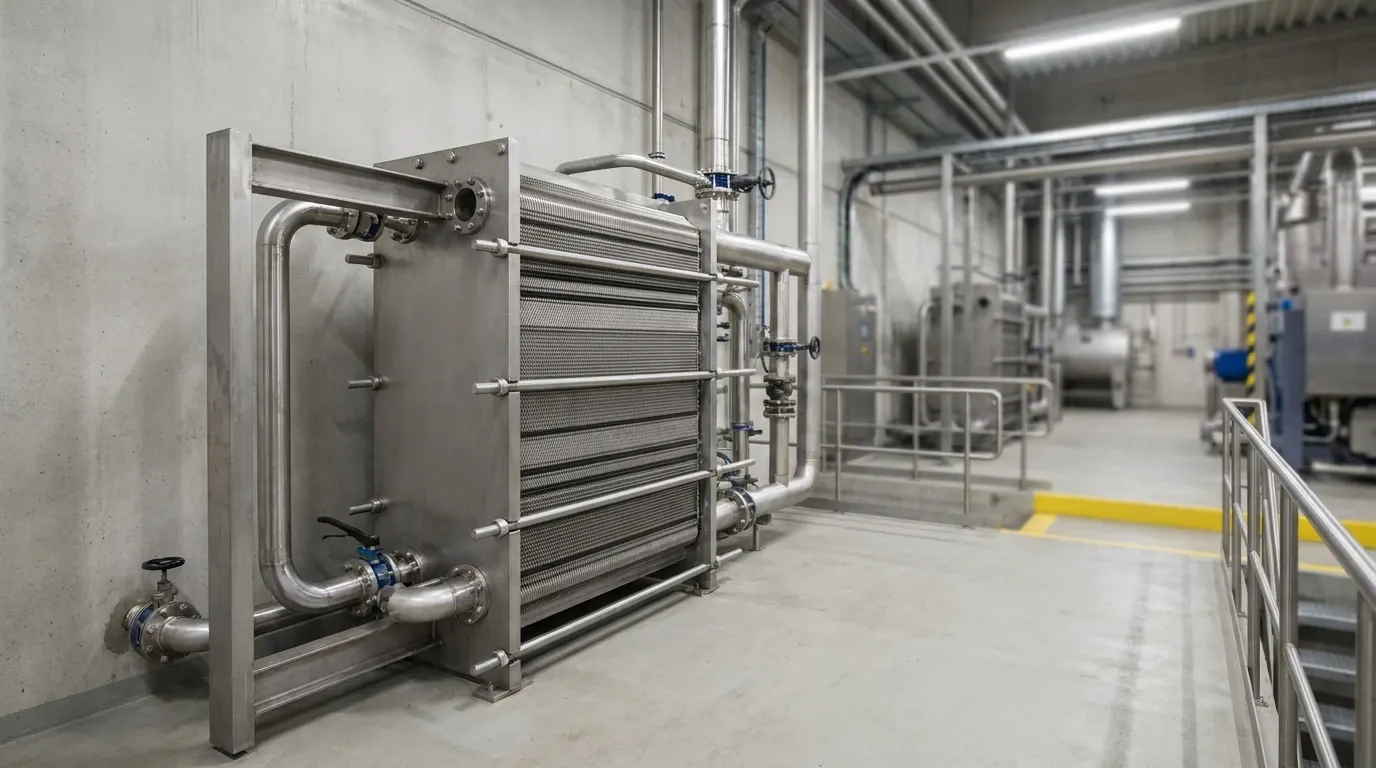Operational industrial plate heat exchanger connected to stainless steel piping and flow lines.