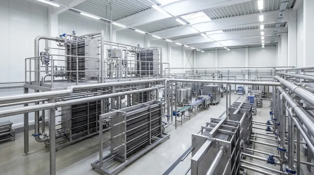 Multiple plate-and-frame heat exchangers installed in a modern processing plant.