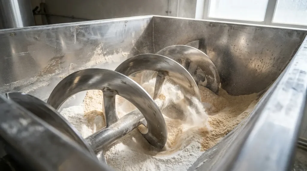 Close-up of powder being mixed inside a stainless steel ribbon blender with rotating agitator blades.