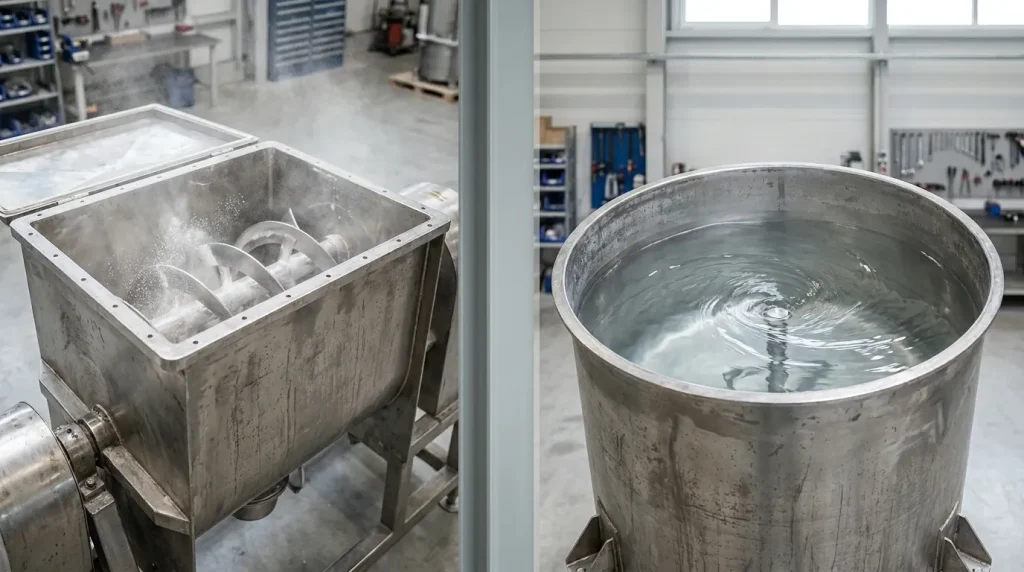 Comparison of industrial powder and liquid mixing equipment with stainless steel mixing vessels.